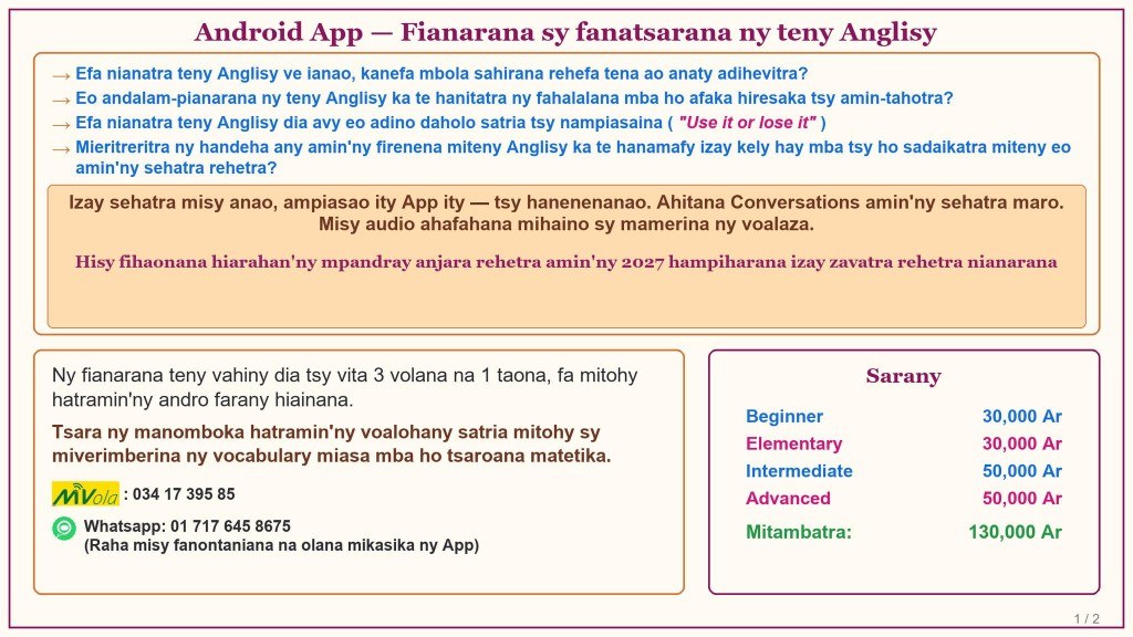Android App — Fianarana sy fanatsarana ny teny Anglisy